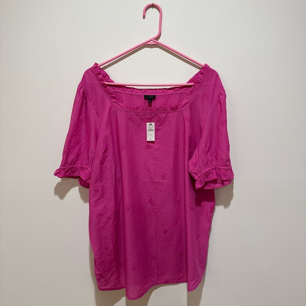 NWT Talbots Bright Pink Floral Embroidered Square Neck Top, Women's XL - Picture 3 of 12